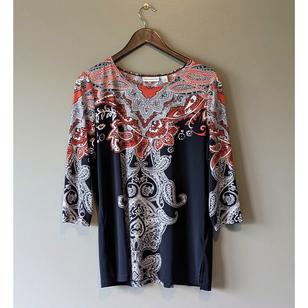 Susan Graver Womens Large Liquid Knit Paisley Print Tunic Top Navy Red Shirt